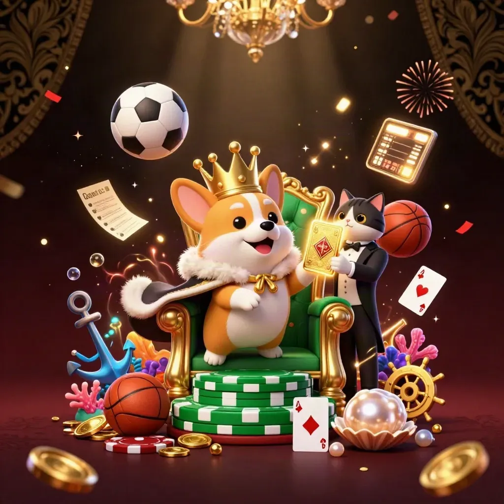 Royal corgi and cat butler in a lavish casino-sports fantasy with gold coins and glowing effects.