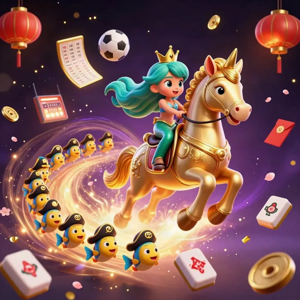 Mermaid princess on a golden seahorse amid casino magic, fish, balls, and glowing effects
