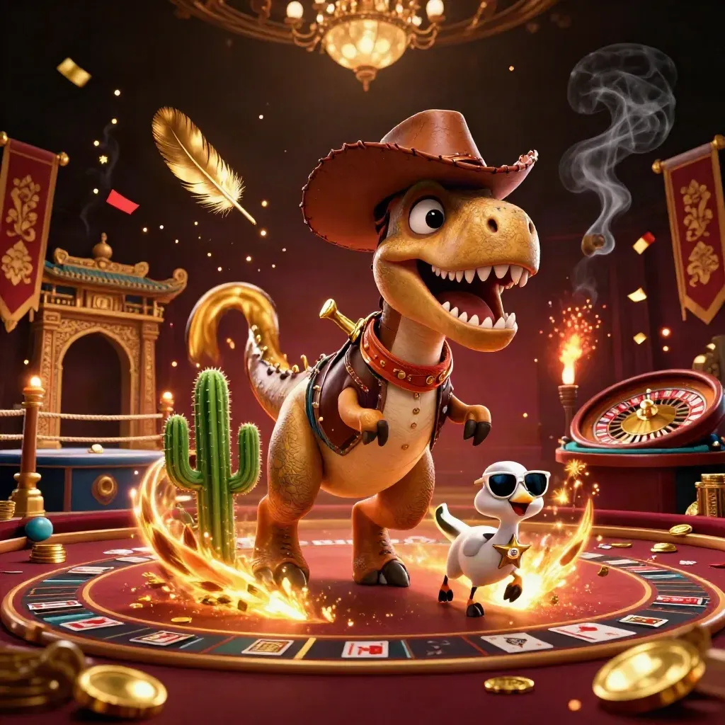 Trex cowboy, cactus and roadrunner in a luxe casino scene with roulette, coins, and fireworks.