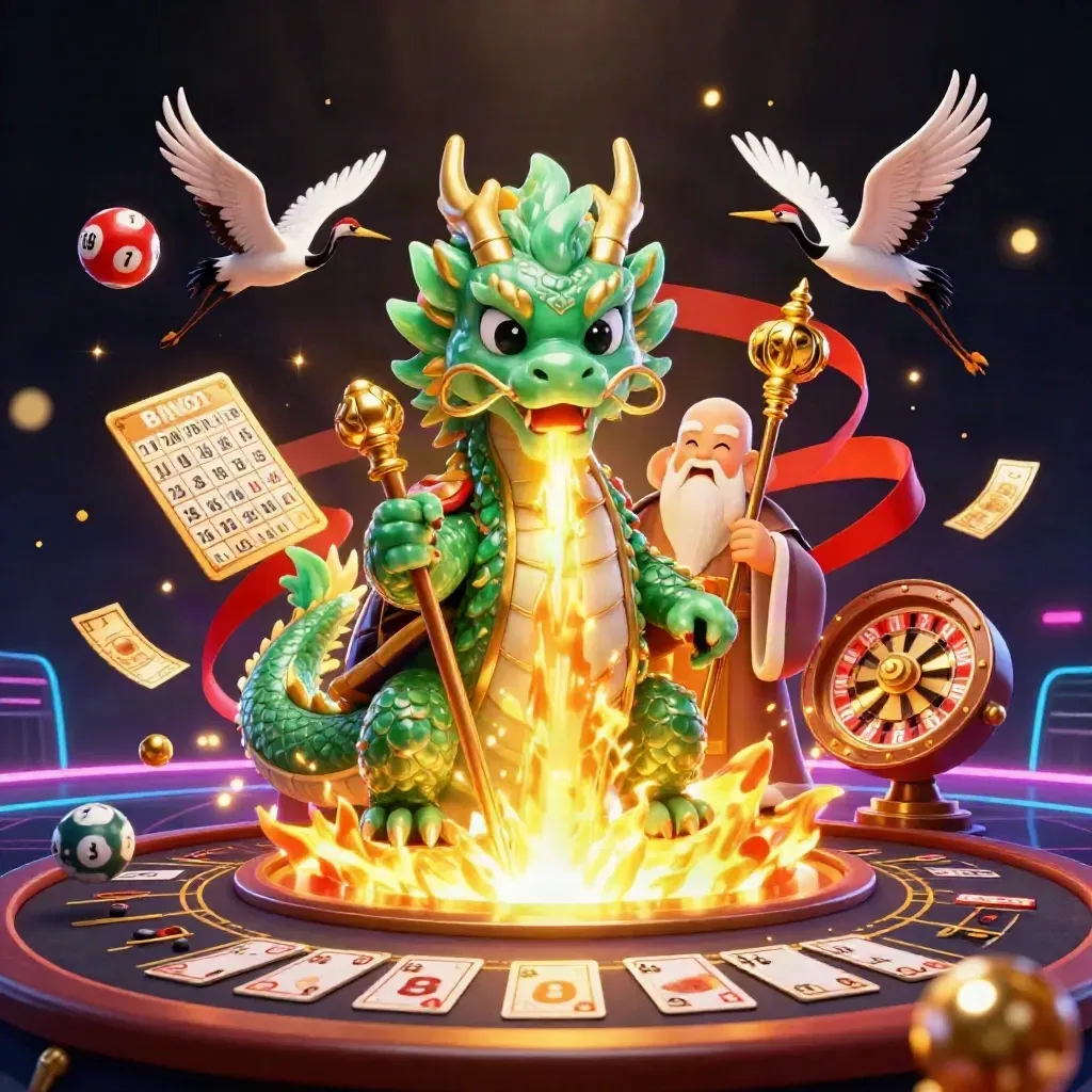 Jade dragon, turtle sage, and cranes amid casino prizes, coins, fire, and neon lights
