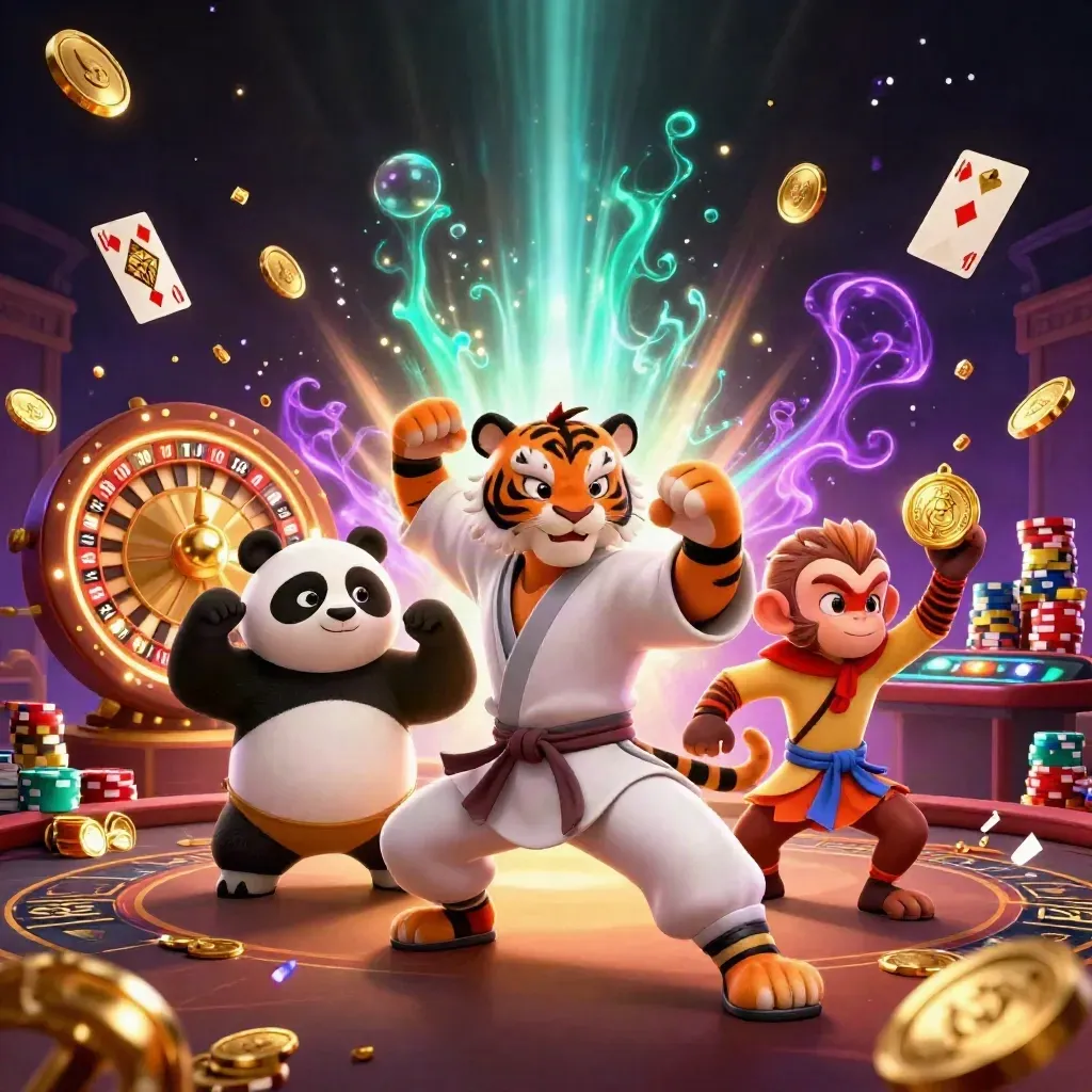 Tiger, panda, and monkey celebrate amid coins, chips, roulette, cards, and glowing casino magic.